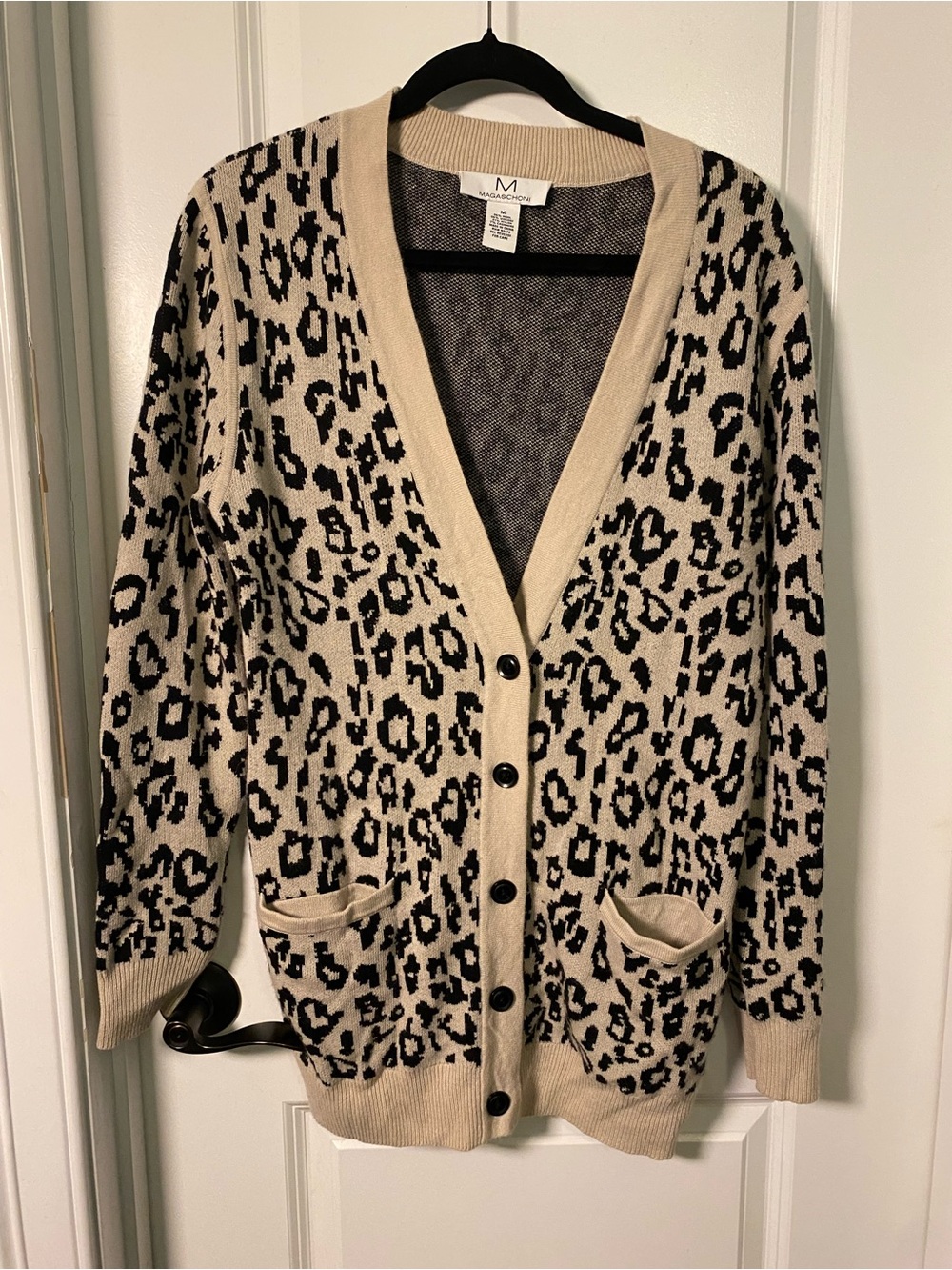 Magaschoni Beige and Black Leopard Wool Cashmere Blend V-Neck Cardigan